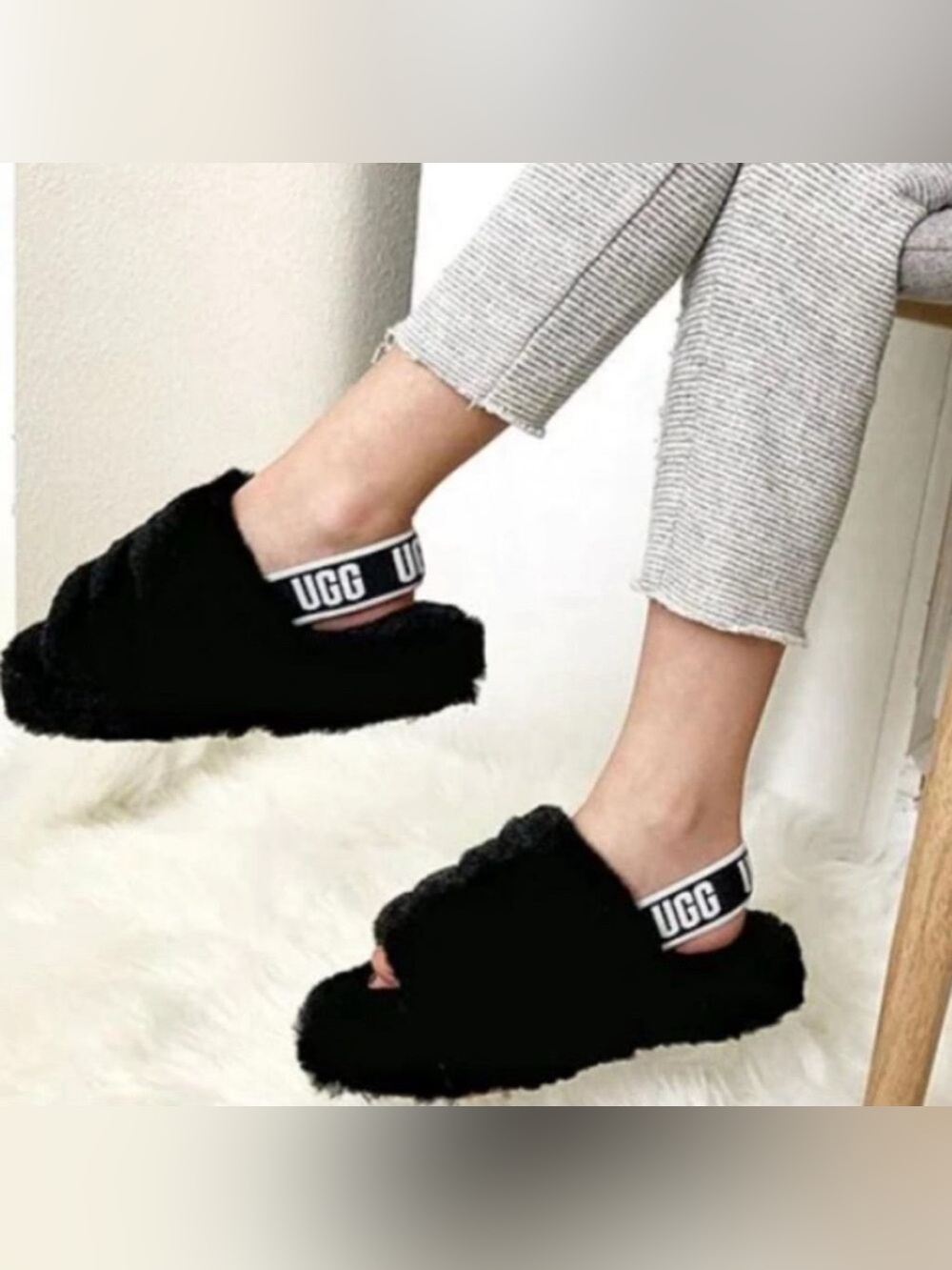 UGG Black Fluff Yeah Slides, Size 8
